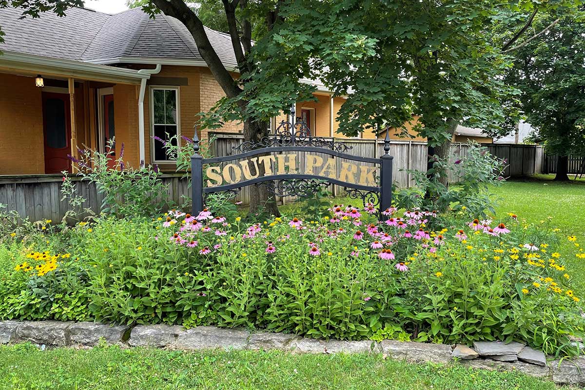 Flowers and 'South Park' sign